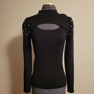 NWT Questions? Black Black Ribbed Knit Peekaboo Sweater Top Size XL